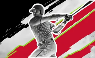Baseball player in mid-swing against a backdrop of red, white, black, and green stripes.