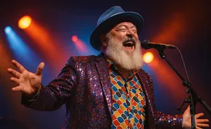 A singer with a white beard and blue hat, wearing a sparkly jacket, sings into a microphone with arms outstretched.