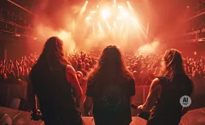 Three long-haired band members on stage facing a cheering crowd under red stage lights.