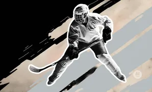 A hockey player in full gear skates with a stick, illustrated in a dynamic, graphic style.