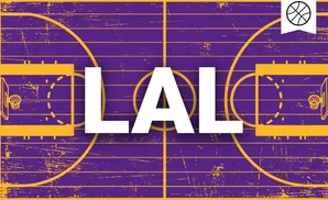 A purple basketball court with yellow lines, featuring a basketball icon in a white flag.