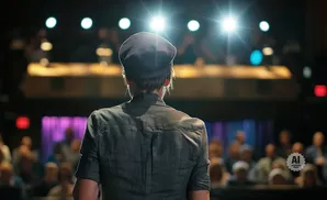 A person in a cap and dark shirt faces away from the camera, looking at a blurry audience under bright stage lights.