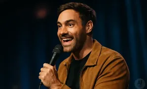 A man in a brown jacket speaks into a microphone, smiling broadly.