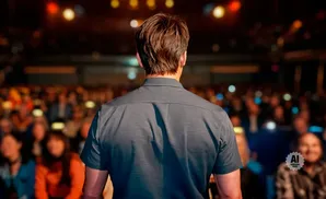 Man in a dark shirt on stage, facing away from the camera, with a blurred audience in the background.