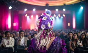A person in a purple, flower-decorated hat and outfit faces away from the camera, seated in a crowded auditorium.