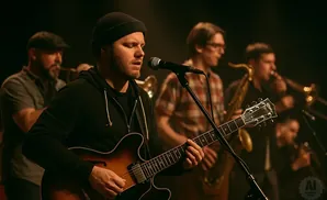 A band performs with a lead singer playing a guitar and microphone in the foreground, with horns and other instruments behind him.
