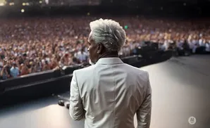 A man with a silver afro and beard stands on stage in a light-colored suit, facing a large, blurred audience.
