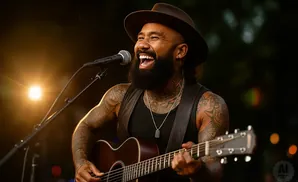 A tattooed man in a hat and vest sings into a microphone while playing an acoustic guitar.