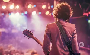 Guitarist on stage with wavy hair and a pink jacket, seen from behind.