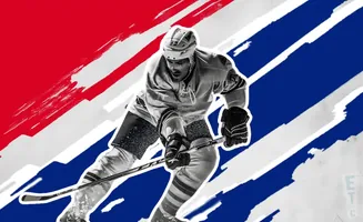 Black and white hockey player in action with a red, white, and blue abstract background.