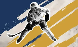 A hockey player in a white uniform with a helmet and stick in motion, against a background of blue and yellow stripes.