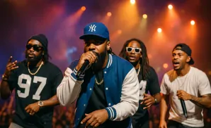 Four men rap on stage with a microphone and audience in the background.