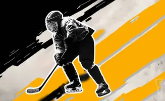 A hockey player in full gear, crouched low with their stick, against a dynamic background of black and yellow stripes.
