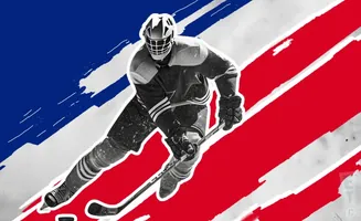 Hockey player in black and white against a red, white, and blue abstract background.