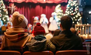 Family watches a Christmas show with decorated trees and stage performers.