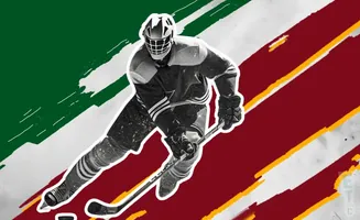 A hockey player in a goalie mask and pads skates with a stick, against a background of red, green, and white diagonal stripes.