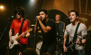 A rock band performs on stage. Three men sing and play guitars, with a drummer in the background.