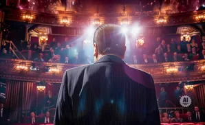 Man in a suit on stage facing an audience in a grand theater.