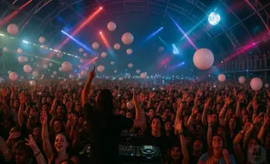 DJ with arms raised in front of a cheering crowd at a concert with balloons and colorful lights.