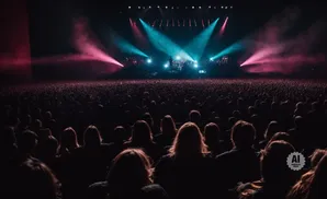 A large crowd watches a concert with blue and pink stage lights.