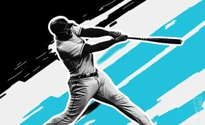 A baseball player in mid-swing against a stylized black, white, and blue background.