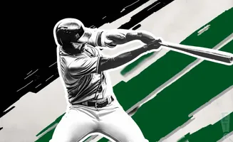 Black and white graphic of a baseball player swinging a bat, with green and white diagonal stripes in the background.