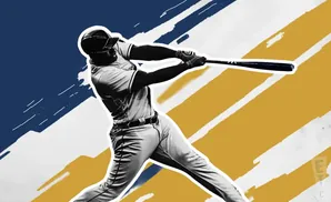 A baseball player swings a bat against a blue and yellow striped background.
