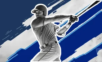 Black and white image of a baseball player swinging a bat against a blue and white background.