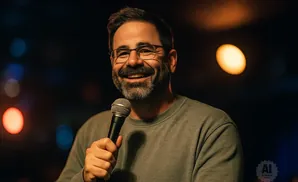 A smiling man with glasses and a beard holds a microphone.