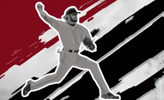 Black and white photo of a baseball pitcher in mid-throw, with red and black diagonal lines in the background.