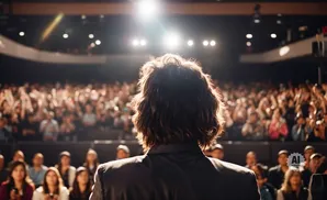 Speaker on stage facing a large audience in a theater, with bright lights overhead.