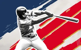 A baseball player swings a bat against a background of red, white, and blue stripes.