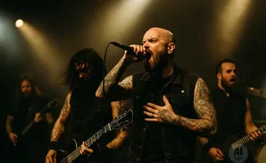 A bald male singer with tattoos sings into a microphone, with band members playing guitars behind him.