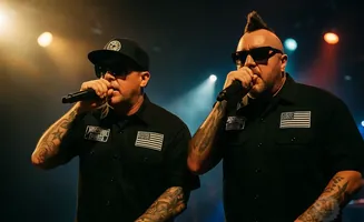Two men with microphones and tattoos perform on stage, wearing black shirts with patches.