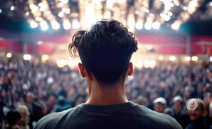 Back of a man's head with styled hair facing a large, blurry crowd under bright lights.