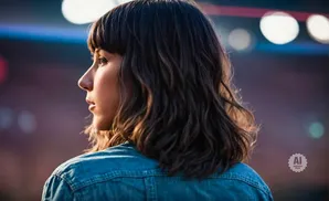 Woman in denim jacket, profile view, with blurred lights in background.