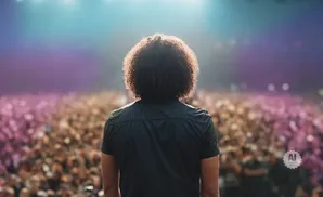 A person with curly hair faces a large, blurred crowd at a concert with purple and blue stage lights.