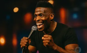 A Black man with a short, spiky haircut laughs while holding a microphone and clenching his fists.