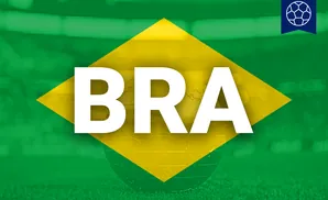 A globe on a soccer field, superimposed on the Brazilian flag.