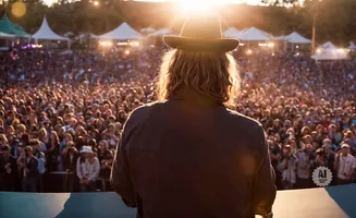 A person in a hat faces a large crowd at an outdoor concert.