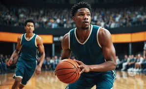 Two basketball players in teal uniforms on a court, one in the foreground holding a basketball.
