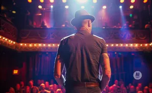 Man in a hat on stage facing away from the camera, with audience and lights in the background.