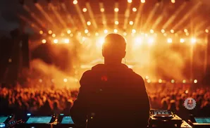 Silhouette of a DJ at a console, facing a crowd and a stage illuminated by bright orange lights.