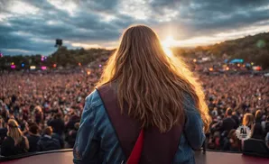 Back view of a person with long, wavy hair and denim jacket, facing a large, blurred crowd at a concert during sunset.