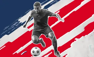 A soccer player dribbles a ball against a backdrop of red, white, and blue brush strokes.
