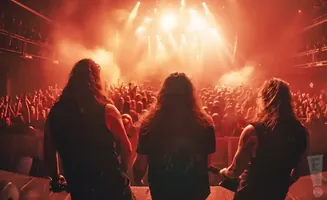 Three long-haired musicians on stage face a cheering crowd under bright red stage lights.