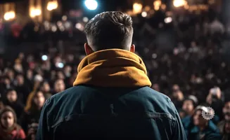 Man in denim jacket and yellow scarf facing a crowd at night.
