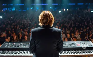 Person in a black jacket plays a keyboard for a large, blurred audience under stage lights.