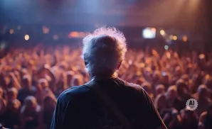 An elderly musician with white, fluffy hair performs on stage for a large, cheering crowd at a concert.