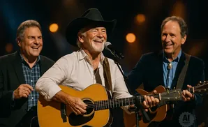 Three men in cowboy hats and suits play acoustic guitars on stage.